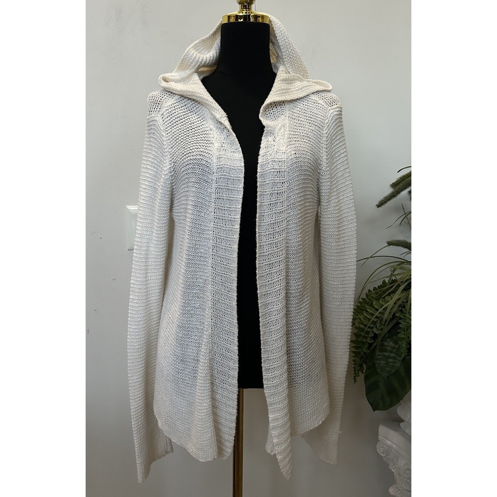 Eileen Fisher Women's Asymmetric Ivory Open Linen Blend Cardigan Sweater Size M.